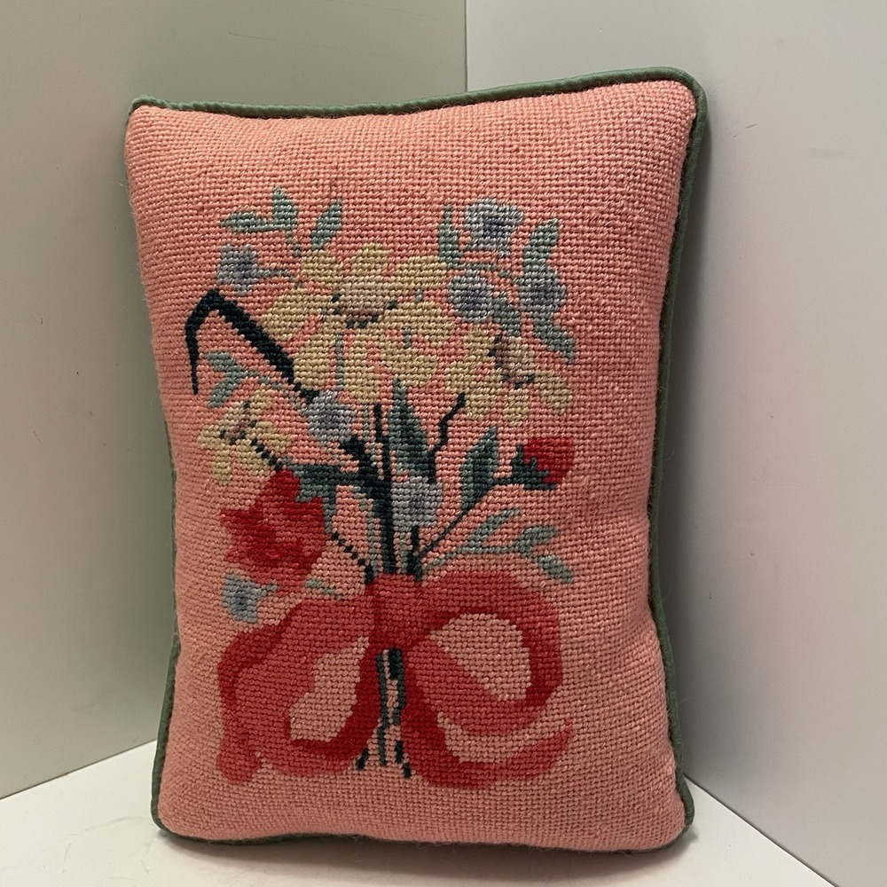 Vintage Floral Needlepoint Accent Pillow • Grandmillennial Cottage Core  9.5 X 7